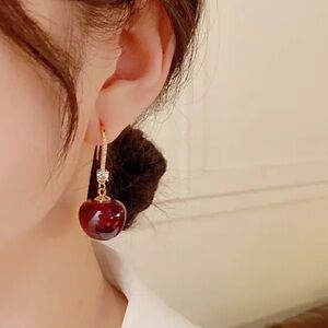Exquisitely Chic Drop Dangle Red Cherry with Glossy Finish Earrings